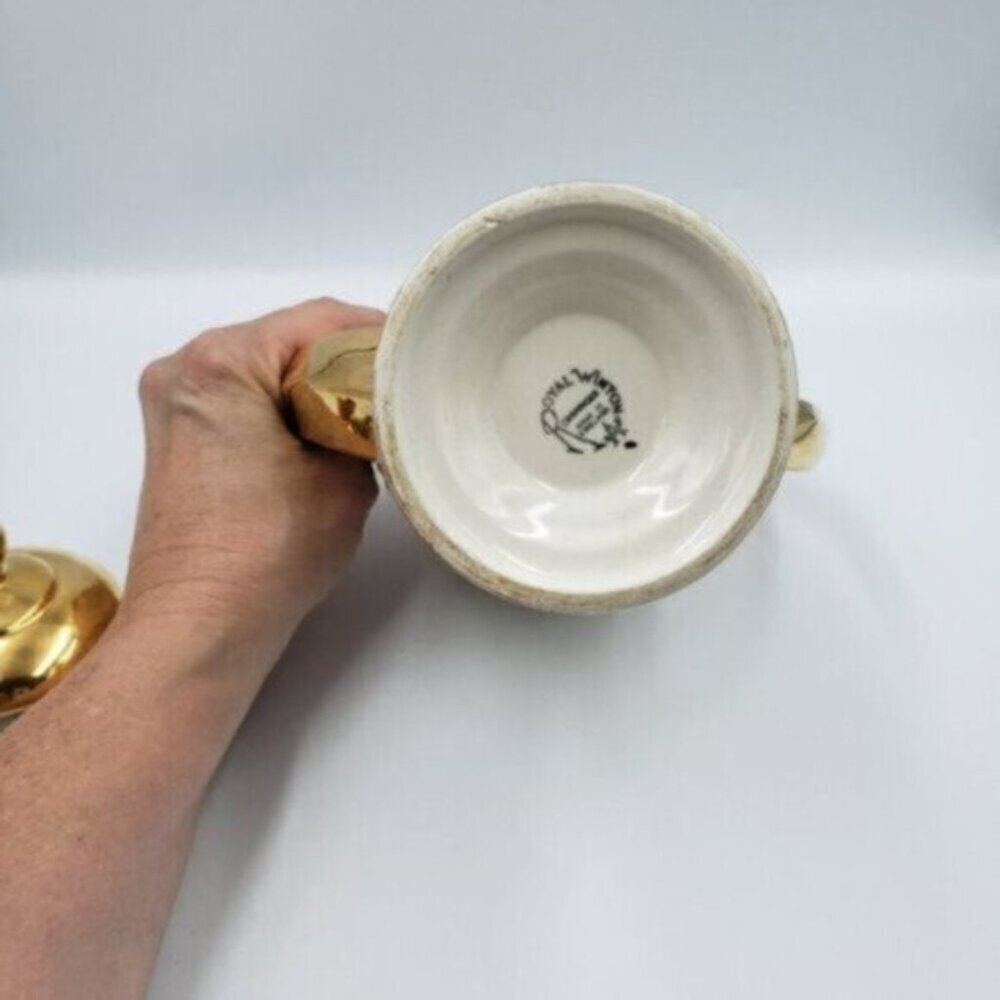 Vintage Royal Winton Grimwades Ceramic White Golden Trim Ribbed Coffee Pot - Picture 9 of 14